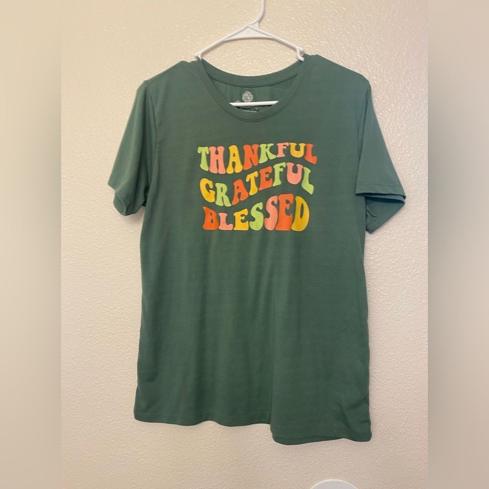 Positivitees T-shirt thankful grateful blessed graphic tee green soft stretch L